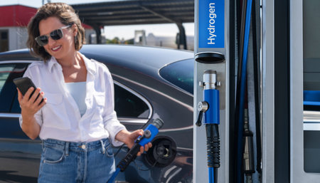 Woman holds a hydrogen fueling nozzle on a hydrogen filling station. Refueling car with hydrogen...