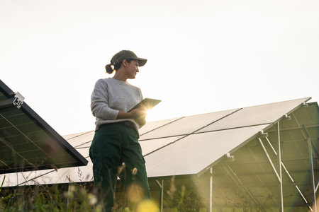 Female farmer with digital tablet on a modern farm using solar panels.の写真素材