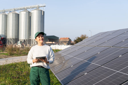 Female farmer with digital tablet on a modern farm using solar panels. Agricultural silos in the...