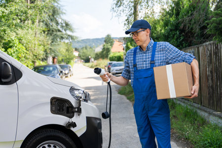 Delivery man in uniform holds electric vehicle charging plug next to electric van.