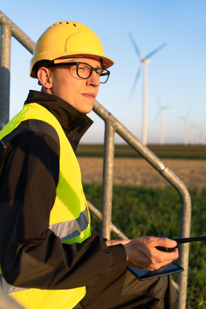 Engineer with digital tablet controls wind turbines.の写真素材