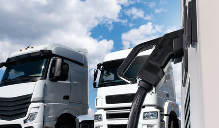 Electric vehicles charging station on a background of a trucks.の写真素材