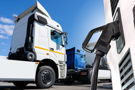 Electric vehicles charging station on a background of a trucksの写真素材