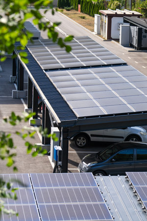 Parking space with solar panels on a roof. Solar canopy..の写真素材