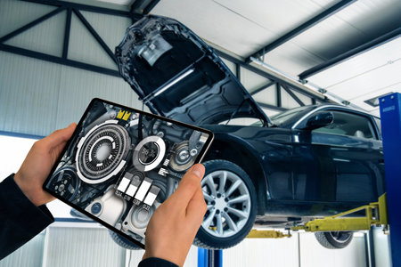 Serviceman with laptop checks engine in car service augmented reality.の写真素材