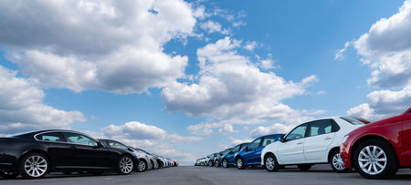 A lot of cars in a rows. Used car sales.の写真素材