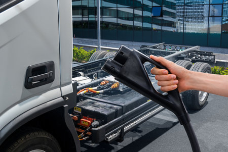 Hand with charging plug on a background of electric truck.