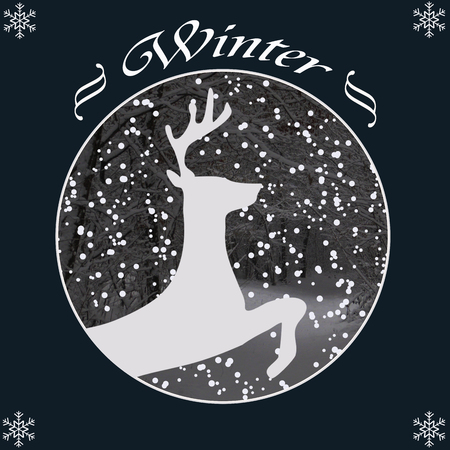 blue postcard with snowflakes and reindeer with the inscription winterの写真素材