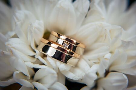 Wedding rings, gold and diamond on a white chrysanthemum, close-up.の写真素材