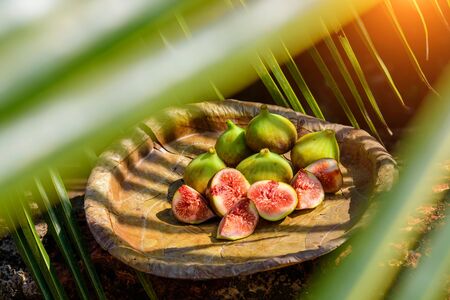 Still life of tropical exotic fruit on banana palm leaves plate in the sunlight. Juicy ripe figs, selective focus.の写真素材