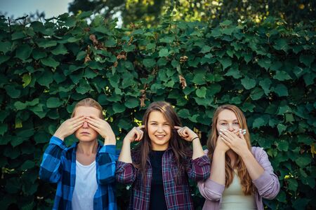 Attractive girls fool around and laugh on a summer day in the park. Three women cover their ears,...