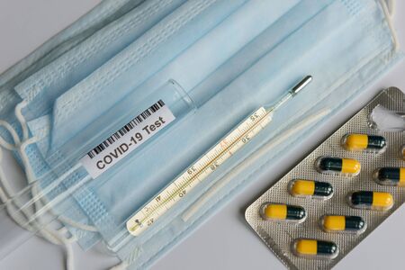 Test tube for taking patient sample, PCR DNA testing protocol process. Nasal swab laboratory test in...