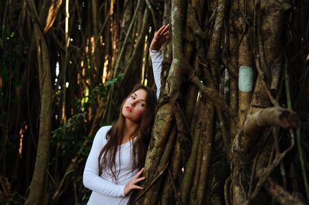 Portrait of brunette with long hair on the background of wood branches or lianas. Young beautiful girl near the trunk of a large tree looking at camera, close-up.の写真素材