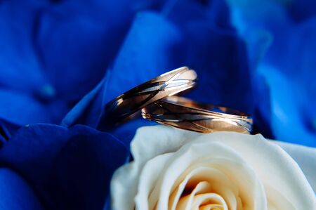 Beautiful gold wedding rings with patterns, close-up. Two gold rings, blurred background with white and blue flowers.の写真素材