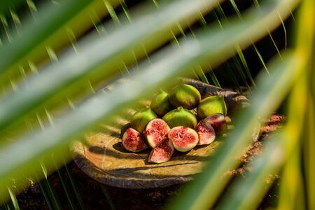 Still life of tropical exotic fruit on banana palm leaves plate in the sunlight. Juicy ripe figs,...