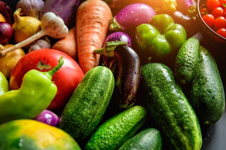 A pile of various vegetables on the table, water drops on fresh vegetables. Harvest from the garden. Vitamins, longevity foods, organic meal.の写真素材