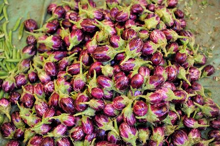 Eggplant on the market, a large pile, close-up. Asian street market of vegetables, the harvest of local Indian farmers.の写真素材