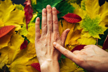 Female hands with fading skin close-up on blurry background of autumn foliage. Dry skin needs to hydrated and nourished. Concept of adulthood, menopause, and reduced collagen production.の写真素材