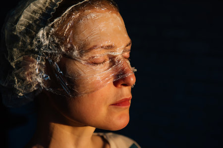 Portrait of forty years woman with transparent film on her face on black background with copy space....