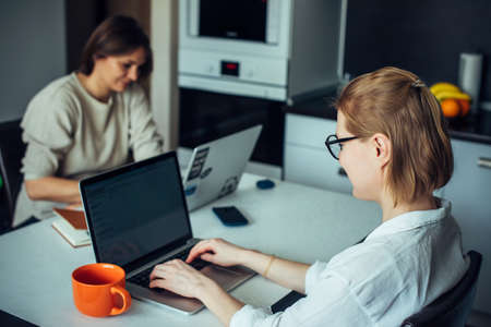 Blonde and brunette work on laptops, sitting at a table in the kitchen facing each other. Coworking...