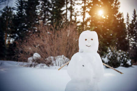 Snowman in sunny winter forest against the trees and white snow. New Year, active games outdoor.の写真素材