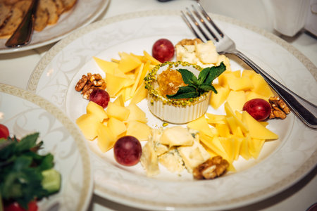 Cheese of several varieties on a plate close-up. Cold appetizers assorted. Lunch at european restaurant.の写真素材