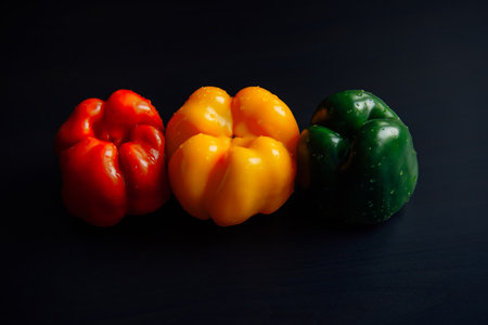 Still life of three sweet Bulgarian peppers on black wooden background, close-up. Fresh ripe paprika of red, yellow and green color. Flat lay. Top view.の写真素材