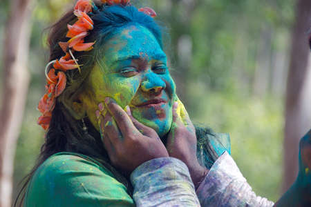 colourful face during holi festivalのeditorial素材