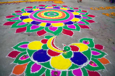 rangoli making during diwali festival at pushkar rajasthan india.のeditorial素材