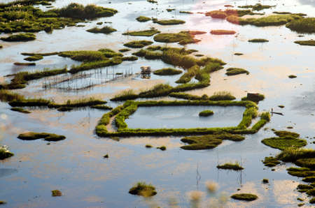 floating village of loktak lake indiaの写真素材