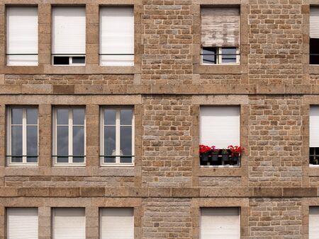 Facade of the stone wall with windows and red flower in the window.の写真素材