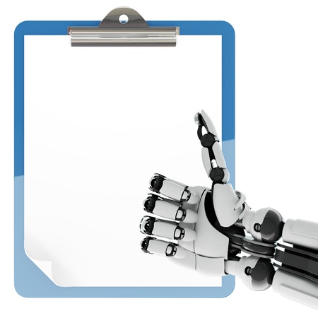 Isolated robotic arm showing thumbs up and paper pad holder on white backgroundの写真素材