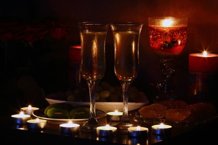 valentine day of champagne and candle. Romantic eveningの写真素材