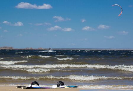 Kitesurfing board on the beach in Ukraine. Close-upの写真素材