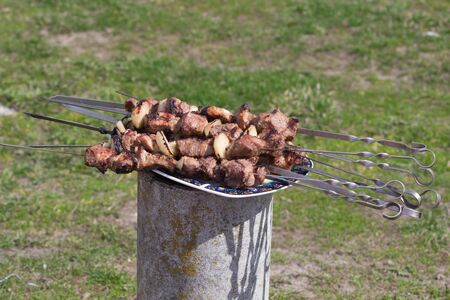 Meat grilled caucasus barbecue on plate. Close-upの写真素材