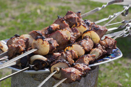 Meat grilled caucasus barbecue on plate. Close-upの写真素材
