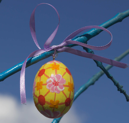 easter eggs on a spring branch, Clouse-upの写真素材