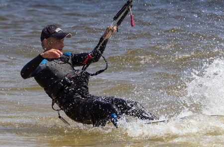 CHERKASSY, UKRAINE - MAY 30: Competition Kitesurfing Spot, Kite course in 2015, 30 MAY 2015, Cherkassy, Ukraineのeditorial素材