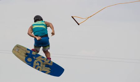 Lazurnoe , Ukraine, August 23, 2015:  Festival of music and sports Crayzy Day , Wakeboarder making...