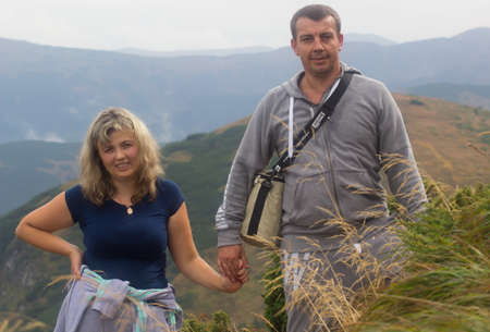 GOVERLA, UKRAINE - SEPTEMBER 20, 2015 : A group of tourists climbs to the highest mountain of Ukraine Hoverla 2061 METER on SEPTEMBER 20, 2015のeditorial素材