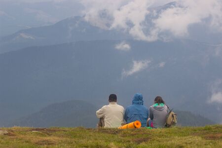 GOVERLA, UKRAINE - SEPTEMBER 20, 2015 : A group of tourists climbs to the highest mountain of Ukraine Hoverla 2061 METER on SEPTEMBER 20, 2015のeditorial素材
