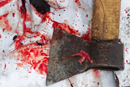 A close-up of bloody axe and small pool of blood