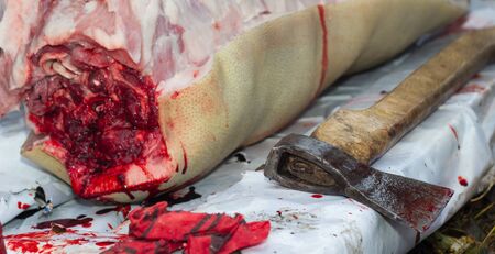 cutting of pig carcasses in the Ukrainian villageの写真素材