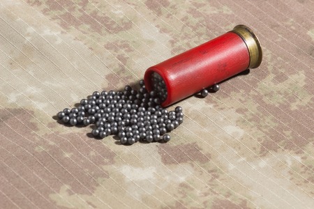 Hunting cartridges and lead shot, clouse up. camouflage background