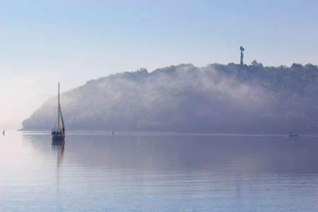 summer morning on the forest river. mornning fog