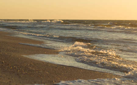 Stormy sunset at the sea. Wave and splash.