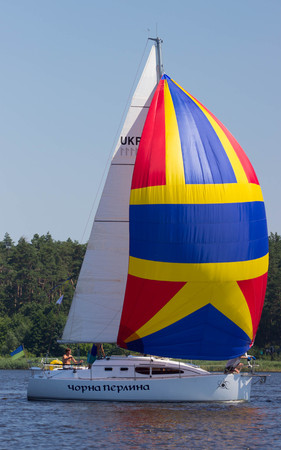 PEREYASLAV, UKRAINE- AUGUST 6, 2016: Boat in sailing regatta. Cup of Pereyaslav 2016のeditorial素材