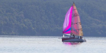 PEREYASLAV, UKRAINE- AUGUST 6, 2016: Boat in sailing regatta. Cup of Pereyaslav 2016のeditorial素材