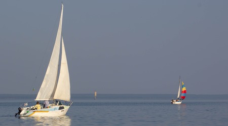 PEREYASLAV, UKRAINE- AUGUST 6, 2016: Boat in sailing regatta. Cup of Pereyaslav 2016のeditorial素材