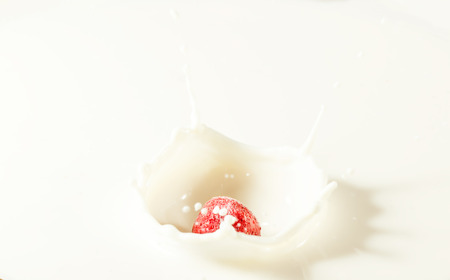 Delicious strawberry splashing into milk. Fruit desertの写真素材